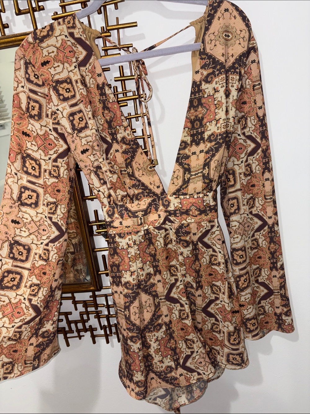 Bec & Bridge Beige and Brown Long Sleeve V-Neck Jumpsuit